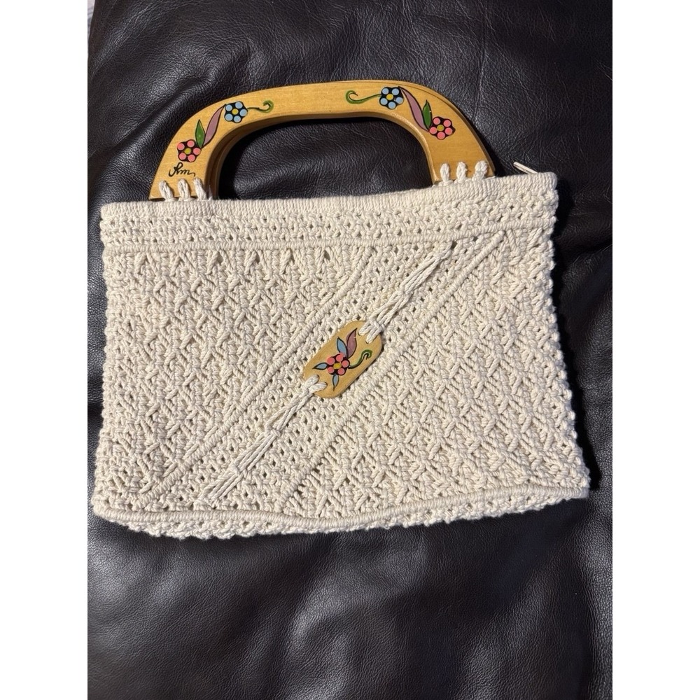 Vintage Macrame Handbag with Painted Wooden Handles – Made in Philippines